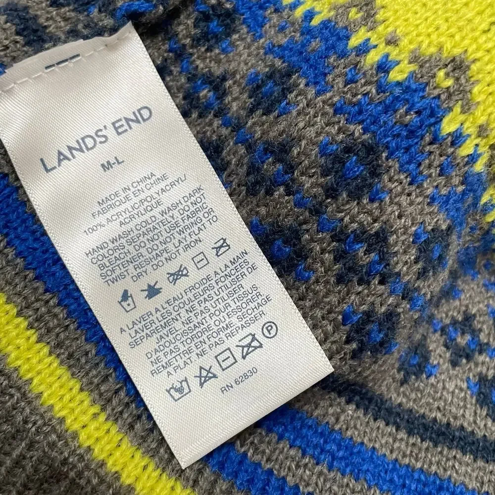 Lands End Kids Beanie Hat Medium Large Striped Blue Gray Knit Winter Cap Skull